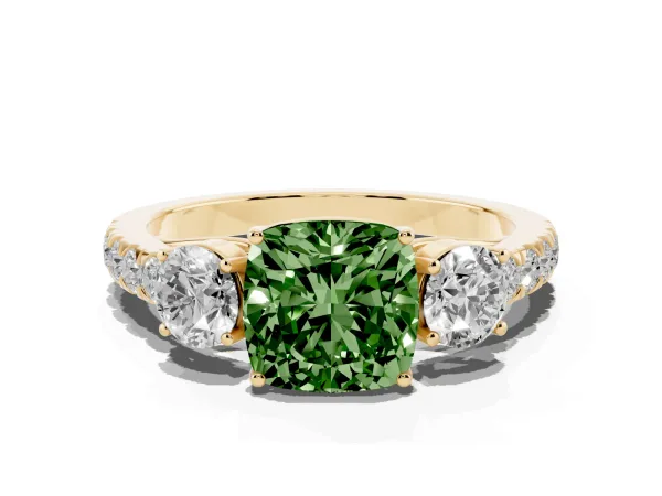 Fancy Green Cushion Cut Cut Diamond Three-Stone Ring with Round Side Stones and Pavé Band Yellow gold