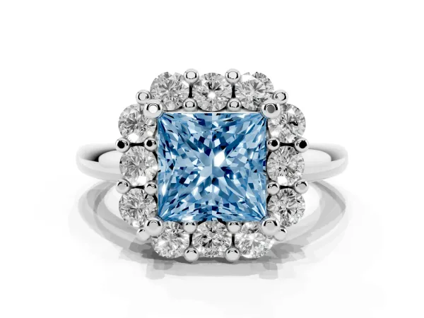 Fancy Blue Princess Cut Halo Cluster Diamond Engagement Ring with Prong Setting and Polished Band White gold