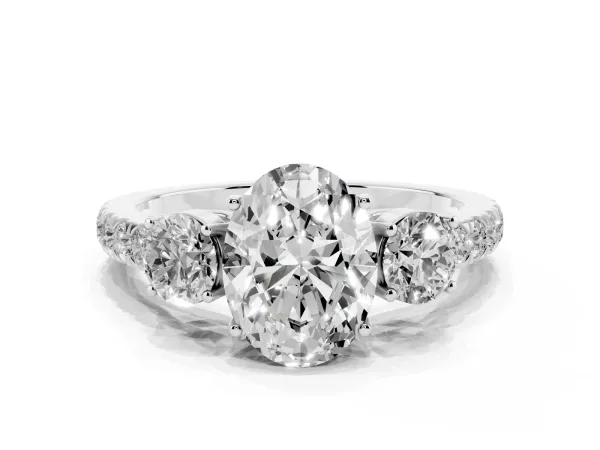 Oval Cut Cut Diamond Three-Stone Ring with Round Side Stones and Pavé Band White gold