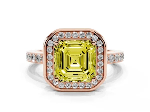 Fancy Yellow Asscher Cut Diamond Halo Ring with Bezel Frame and Pavé Band Rose gold
