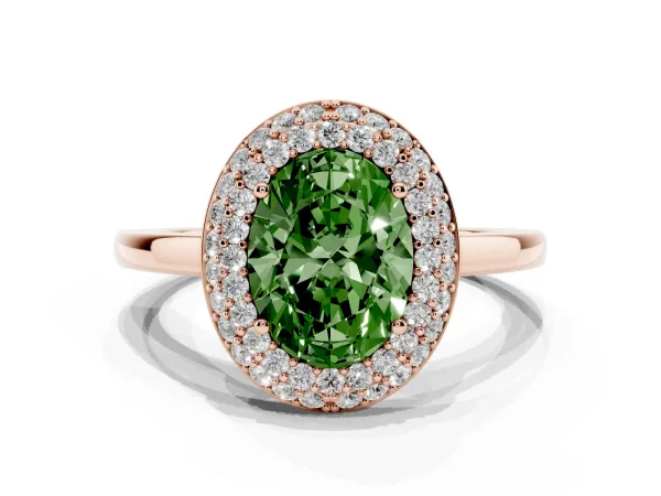 Fancy Green Oval Cut Halo Diamond Engagement Ring with Solitaire Band and Four-Prong Setting Rose gold