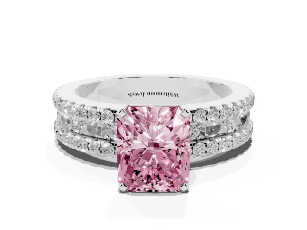 Fancy Pink Radiant Cut Diamond Solitaire Ring with Pavé and Channel Set Band Platinum