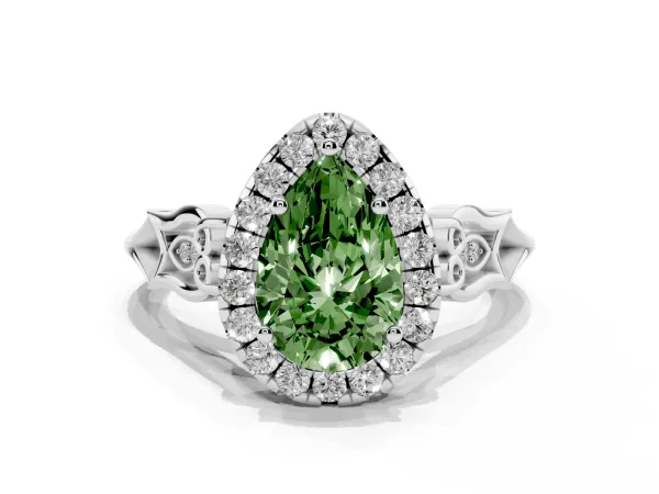Fancy Green Pear Cut Halo Diamond Engagement Ring with Filigree Band and Four-Prong Setting White gold
