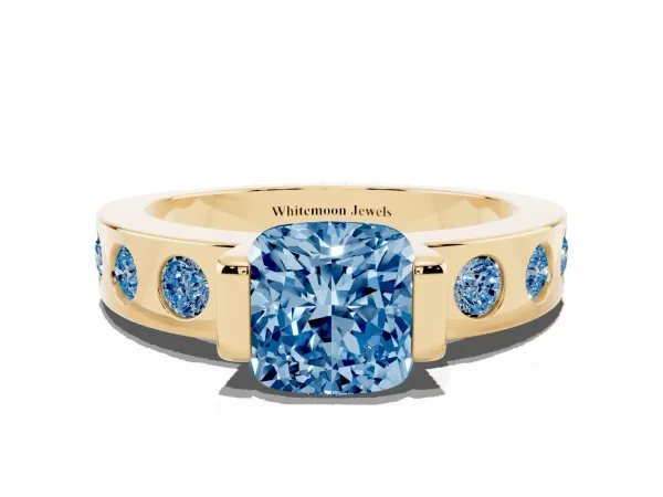 Fancy Blue Cushion Cut Brilliant Channel-Set Diamond Ring with Bezel Prong Setting Yellow gold