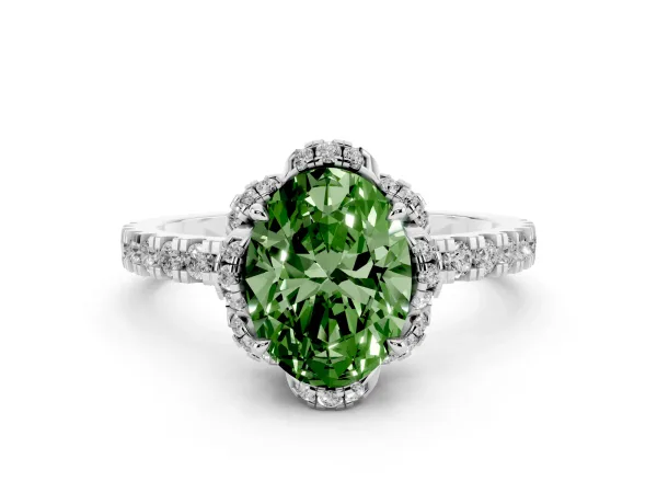 Fancy Green Oval Cut Halo Diamond Pave Band Ring with Four-Prong Setting Platinum