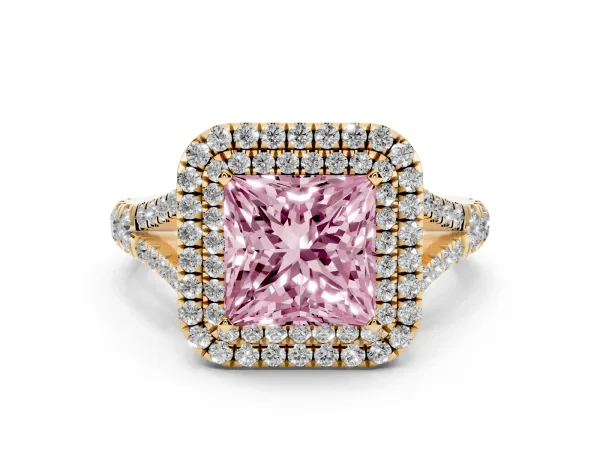 Fancy Pink Princess Cut Cut Double Halo Split Shank Diamond Ring with Prong Setting Yellow gold