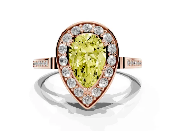 Fancy Yellow Pear Cut Diamond Halo Ring with Split Shank and Four-Prong Setting Rose gold