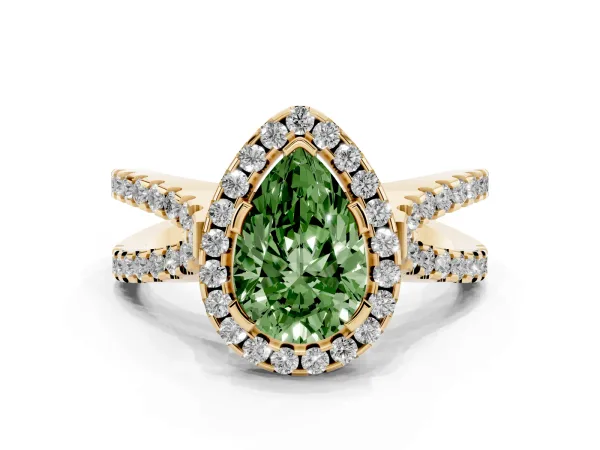 Fancy Green Pear Cut Diamond Halo Ring with Split Shank Pavé Band and Prong Setting Yellow gold