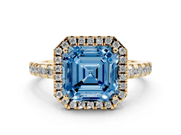 Fancy Blue Asscher Cut Diamond Halo Ring with Pavé Band and Four-Prong Setting Yellow gold