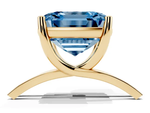 Fancy Blue Asscher Cut Cut Diamond Solitaire Engagement Ring with Tapered Plain Band and Four-Prong Setting Yellow gold