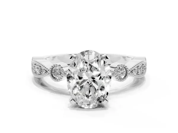 Oval Cut Milgrain Bezel Diamond Engagement Ring with Solitaire Prong Setting White gold