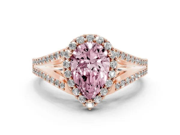 Fancy Pink Pear Cut Halo Split Shank Pave Diamond Ring with Four-Prong Setting Rose gold