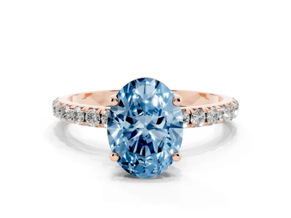 Fancy Blue Oval Cut Cut Diamond Solitaire Ring with Micro Pave Band and Four Prong Setting Rose gold