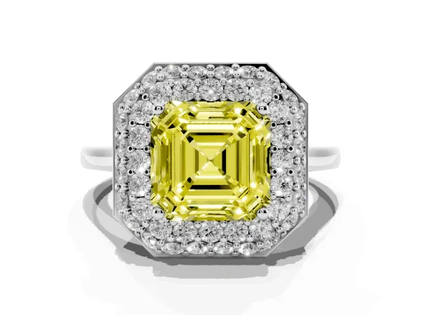 Fancy Yellow Asscher Cut Halo Diamond Engagement Ring with Solitaire Band and Four-Prong Setting White gold