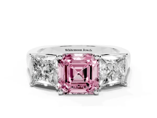 Fancy Pink Three-Stone Asscher Cut Brilliant Diamond Trellis Ring with Comfort Fit Band Platinum