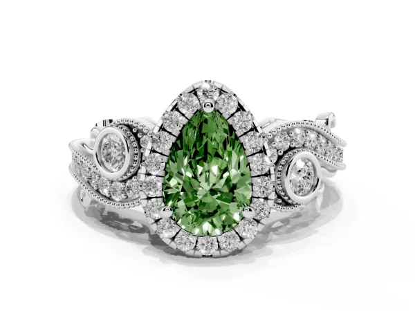 Fancy Green Pear Cut Diamond Halo Ring with Milgrain Pavé Band and Four-Prong Setting Platinum