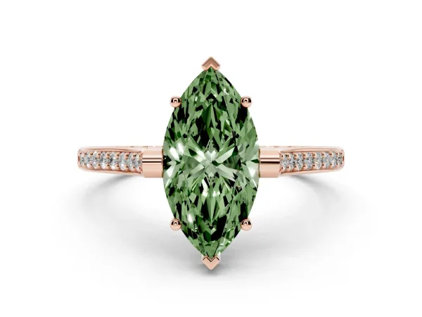 Fancy Green Marquise Cut Solitaire Diamond Ring with Channel Set Band and Bezel Prong Setting Rose gold