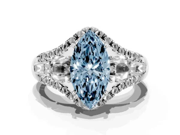 Fancy Blue Three-Stone Marquise Cut Diamond Engagement Ring with Pave Band and Prong Setting Platinum
