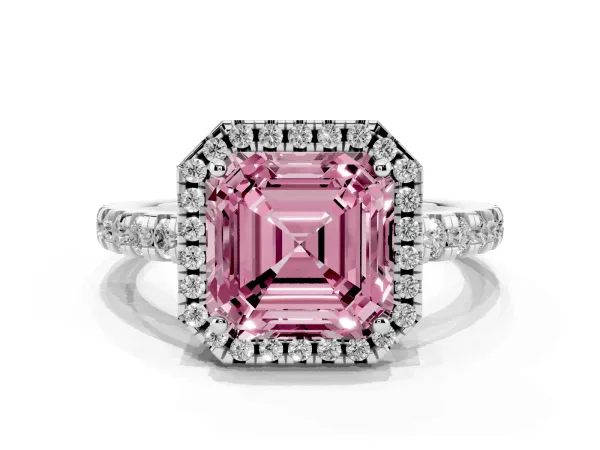 Fancy Pink Asscher Cut Diamond Halo Ring with Pavé Band and Four-Prong Setting White gold