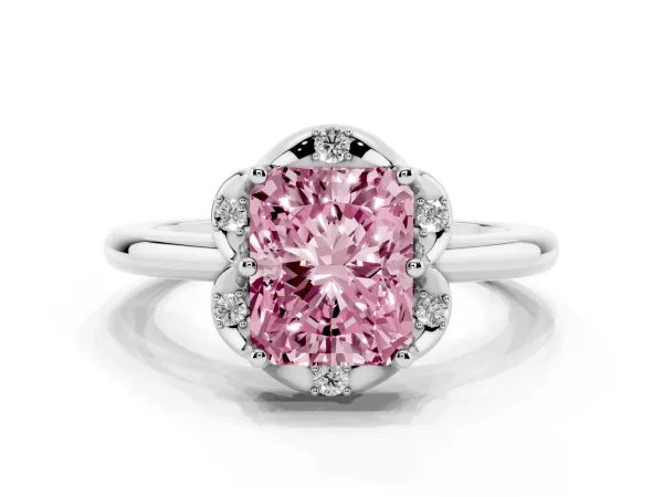 Fancy Pink Radiant Cut Halo Diamond Ring with Round Cluster Setting, Solitaire Band, and Four-Prong Setting Platinum