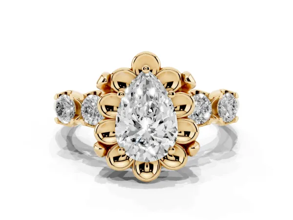 Pear Cut Cut Diamond Floral Halo Engagement Ring with Shared Prong Setting Yellow gold