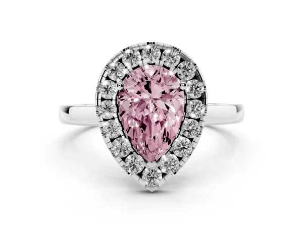 Fancy Pink Pear Cut Halo Diamond Solitaire with Pavé Band and Four-Prong Setting White gold