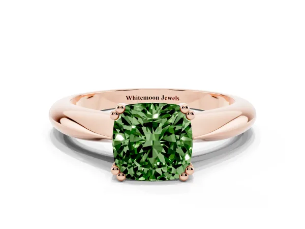 Fancy Green Cushion Cut Cut Solitaire Engagement Ring with Tapered Band and Four-Prong Setting Rose gold