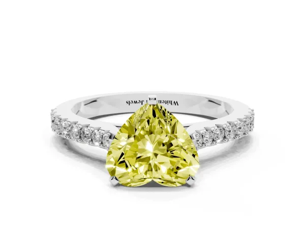 Fancy Yellow Heart Cut Cut Solitaire Diamond Engagement Ring with Pave Band and Four-Prong Setting White gold