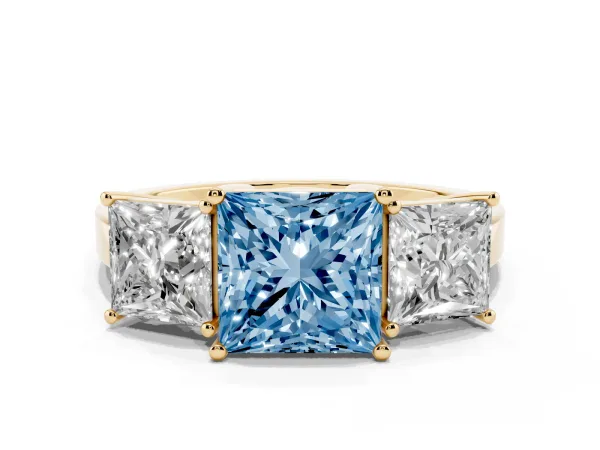 Fancy Blue Three-Stone Princess Cut Cut Diamond Engagement Ring with Flat Band and Four-Prong Setting Yellow gold