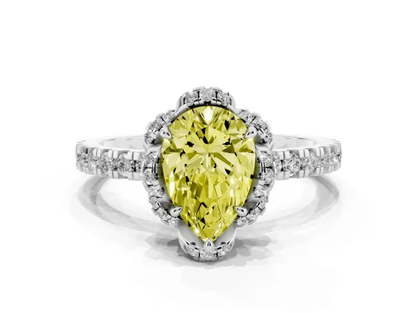 Fancy Yellow Pear Cut Diamond Halo Pave Band with Four-Prong Setting Platinum