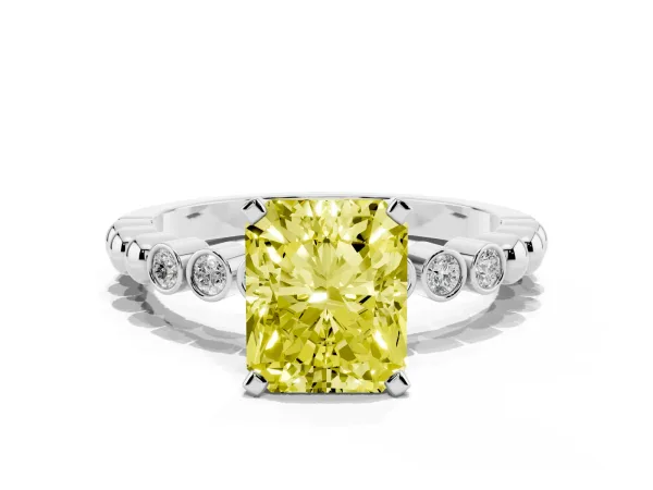 Fancy Yellow Radiant Cut Solitaire Bezel Accent Diamond Engagement Ring with Beaded Band and Four-Prong Setting Platinum