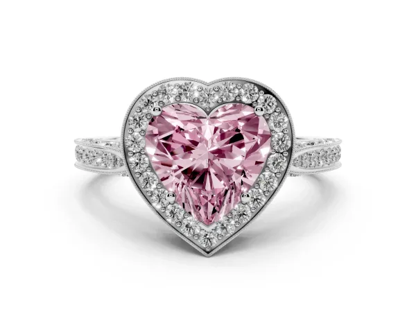 Fancy Pink Heart Cut Halo Diamond Engagement Ring with Split Shank Band and Four-Prong Setting Platinum