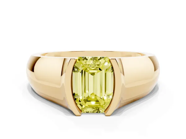 Fancy Yellow Emerald Cut Solitaire Bezel Set Diamond Ring with Wide Band Yellow gold