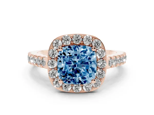 Fancy Blue Cushion Cut Diamond Halo Ring with Round Pavé Split Shank and Prong Setting Rose gold