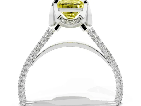 Fancy Yellow Emerald Cut Solitaire Pave Split Shank Ring with Four-Prong Setting Platinum