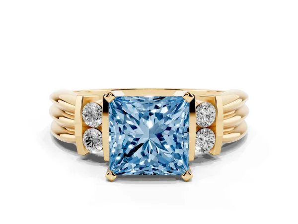 Fancy Blue Princess Cut Cut Three-Stone Channel Set Ring with Bar Prongs Yellow gold