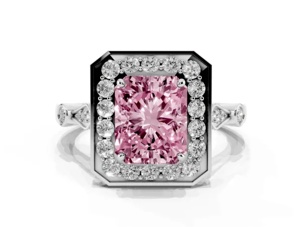 Fancy Pink Radiant Cut Halo Diamond Engagement Ring with Twisted Band and Four-Prong Setting White gold