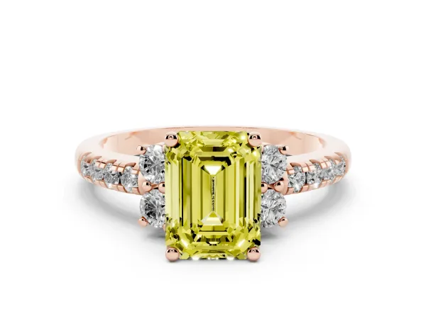 Fancy Yellow Emerald Cut Diamond Three-Stone Pave Band with Four-Prong Setting Rose gold