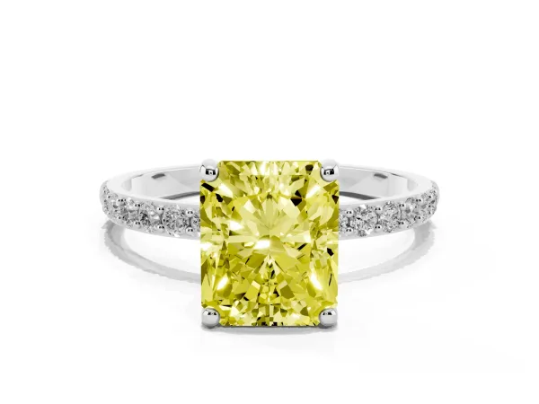 Fancy Yellow Radiant Cut Diamond Solitaire Ring with Round Pavé Band and Prong Setting Platinum