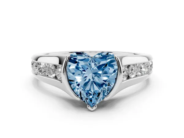 Fancy Blue Heart Cut Solitaire Bezel-Set Diamond Ring with Channel-Set Band White gold