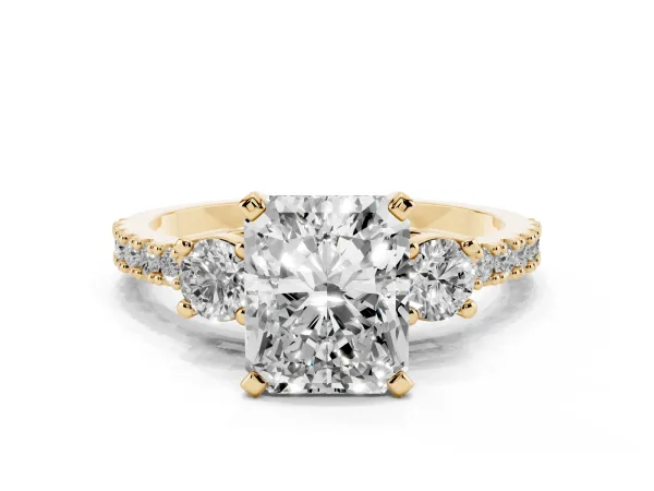 Radiant Cut Three-Stone Diamond Pavé Band with Prong Setting Yellow gold