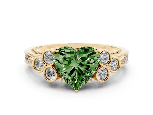 Fancy Green Heart Cut Cut Diamond Engagement Ring with Bezel Set Round Side Stones and Prong Setting Yellow gold