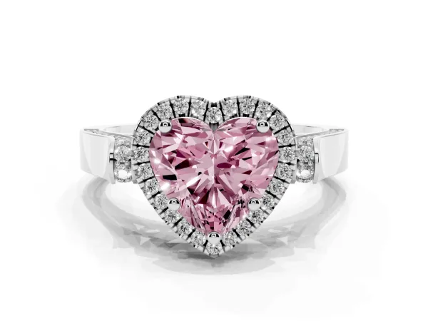 Fancy Pink Heart Cut Halo Round Diamond Twist Band with Four-Prong Setting White gold
