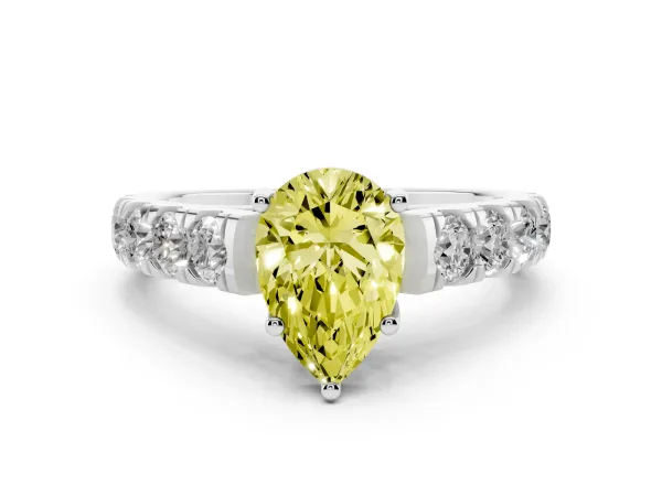 Fancy Yellow Pear Cut Cut Diamond Solitaire Ring with Micro Pave Band and Prong Setting Platinum