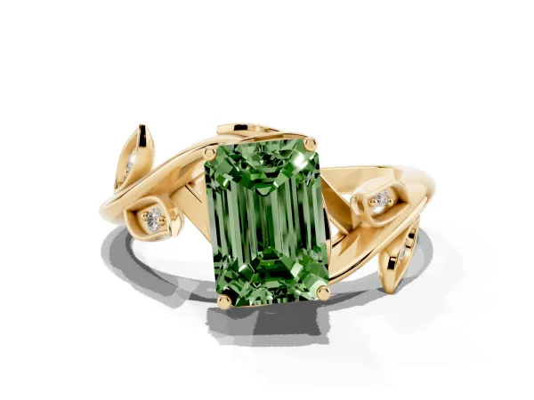Fancy Green Emerald Cut Solitaire Twist Engagement Ring with Leaf Accents and Prong Setting Yellow gold