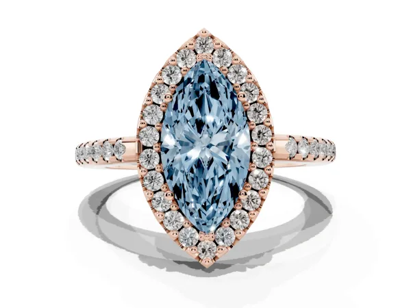 Fancy Blue Marquise Cut Diamond Pavé Halo Ring with Four-Prong Setting Rose gold
