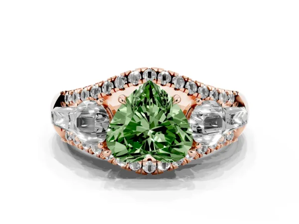 Fancy Green Three-Stone Heart Cut Diamond Engagement Ring with Pave Band and Prong Setting Rose gold
