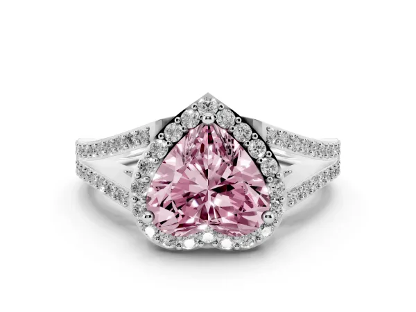 Fancy Pink Heart Cut Halo Split Shank Pave Diamond Ring with Four-Prong Setting Platinum