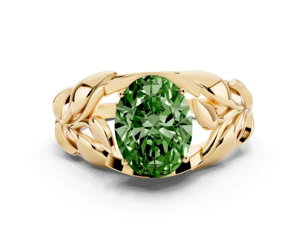 Fancy Green Oval Cut Diamond Leaf-Inspired Engagement Ring with Round Accents and Prong Setting Yellow gold
