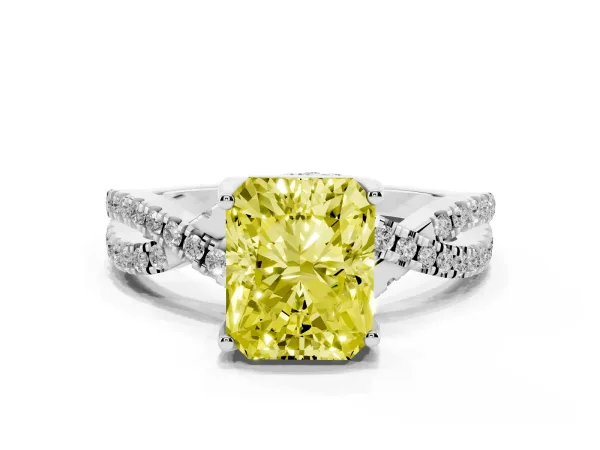 Fancy Yellow Radiant Cut Solitaire Twist Pave Diamond Engagement Ring with Prong Setting Platinum